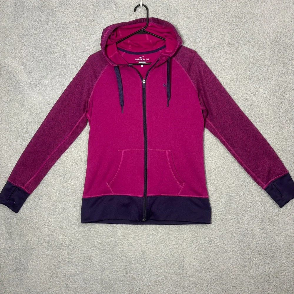 Nike Therma-FIT Womens Full Zip Hoodie Pink Purple Thumbhole Fleece Large 1647